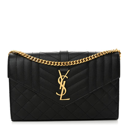 Saint Laurent Grain De Poudre Mixed Matelasse Triquilt Monogram Chain Wallet Black 1 of 10