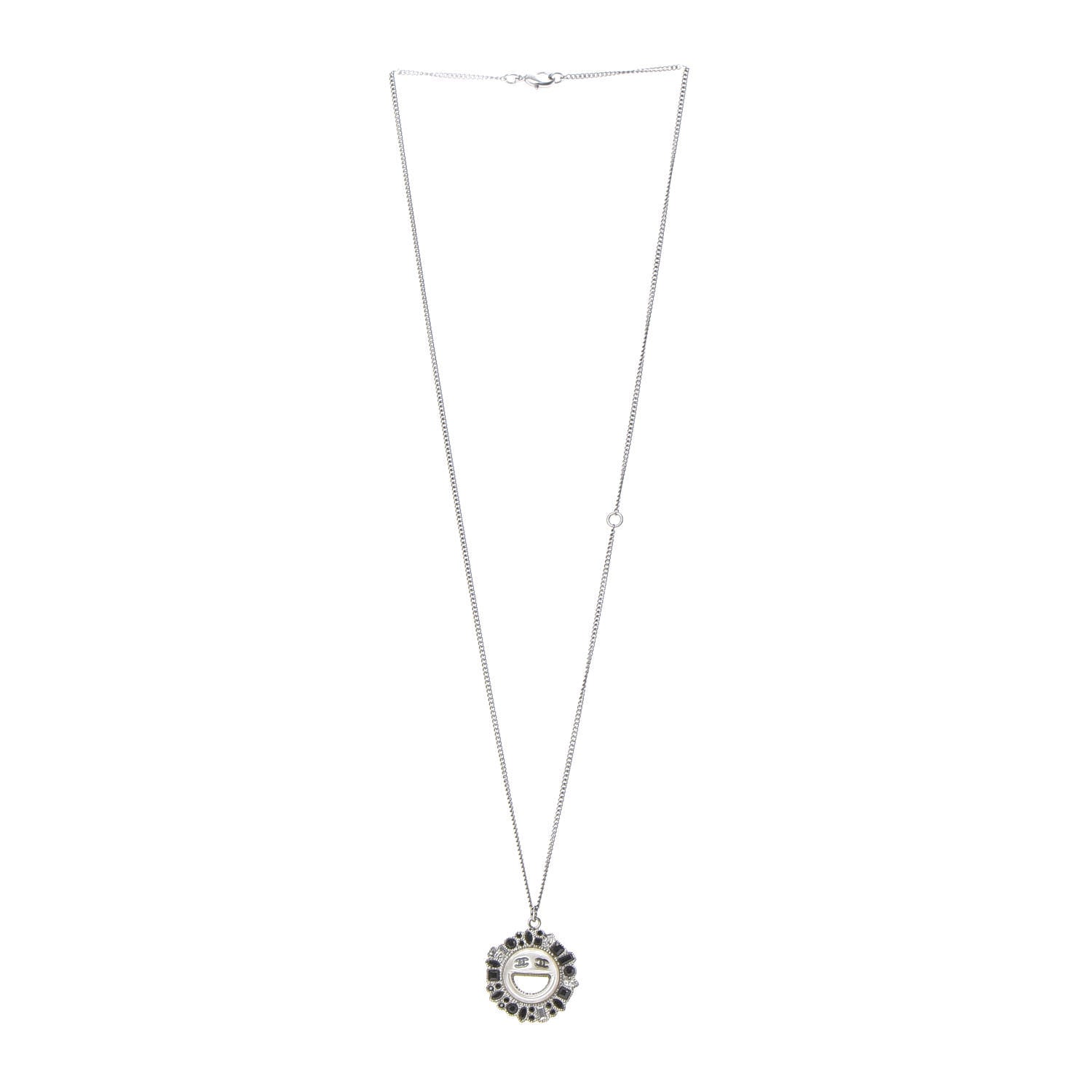 Chanel Crystal CC Smiley Emoji Pendant Necklace Silver Black 4 of 5