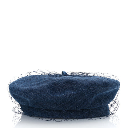 Christian Dior Cotton Denim Arty Beret Cap With Veil 57 Blue 3 of 9