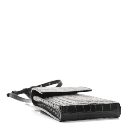 Saint Laurent Calfskin Crocodile Embossed Phone Holder Crossbody Black 4 of 10