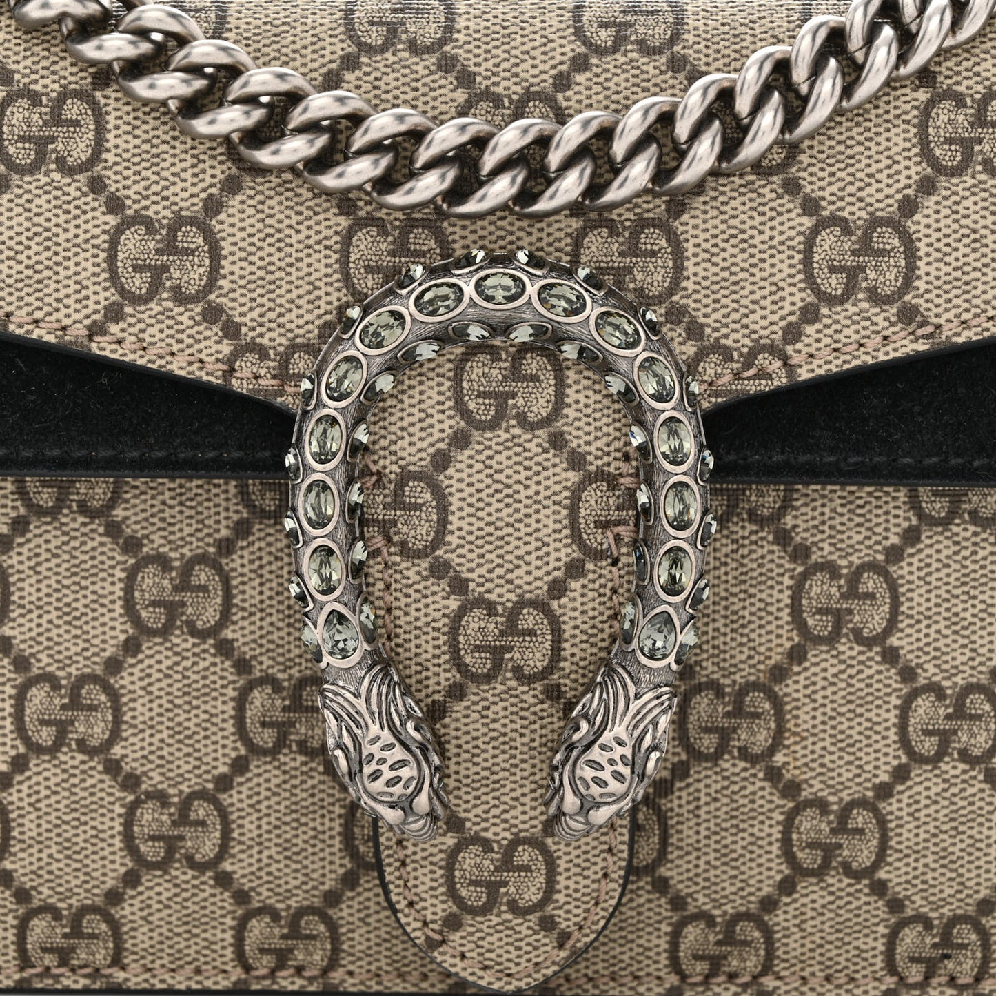 GG Supreme Monogram Suede Crystal Small Dionysus Shoulder Bag Beige Ebony Black