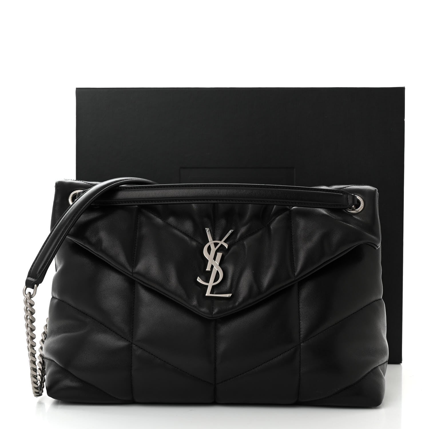 Saint Laurent Lambskin Quilted Medium Loulou Puffer Monogram Chain Satchel Black 11 of 11