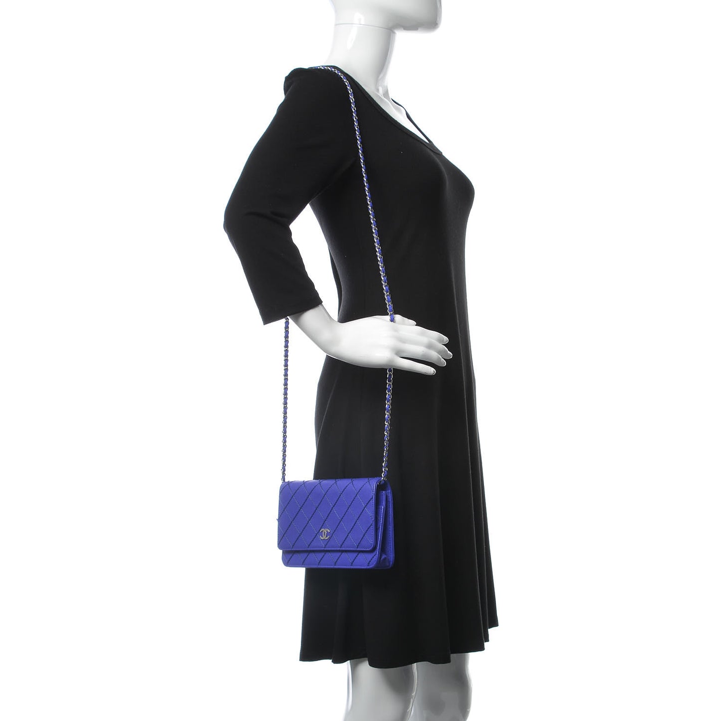 Calfskin Quilted Fancy CC Wallet On Chain WOC Blue