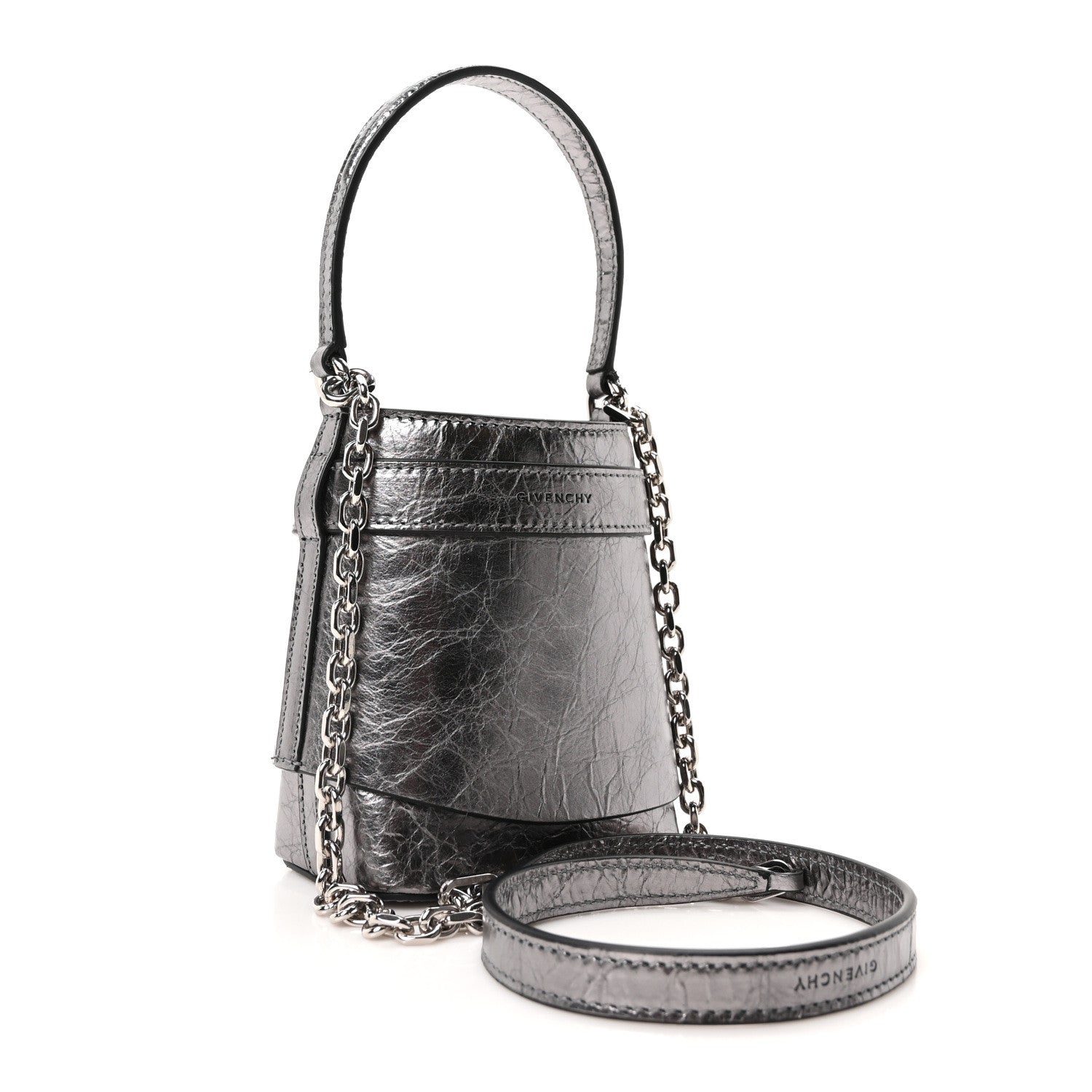 Givenchy Laminated Lambskin Micro Shark Lock Bucket Bag Silvery Grey 3 of 10