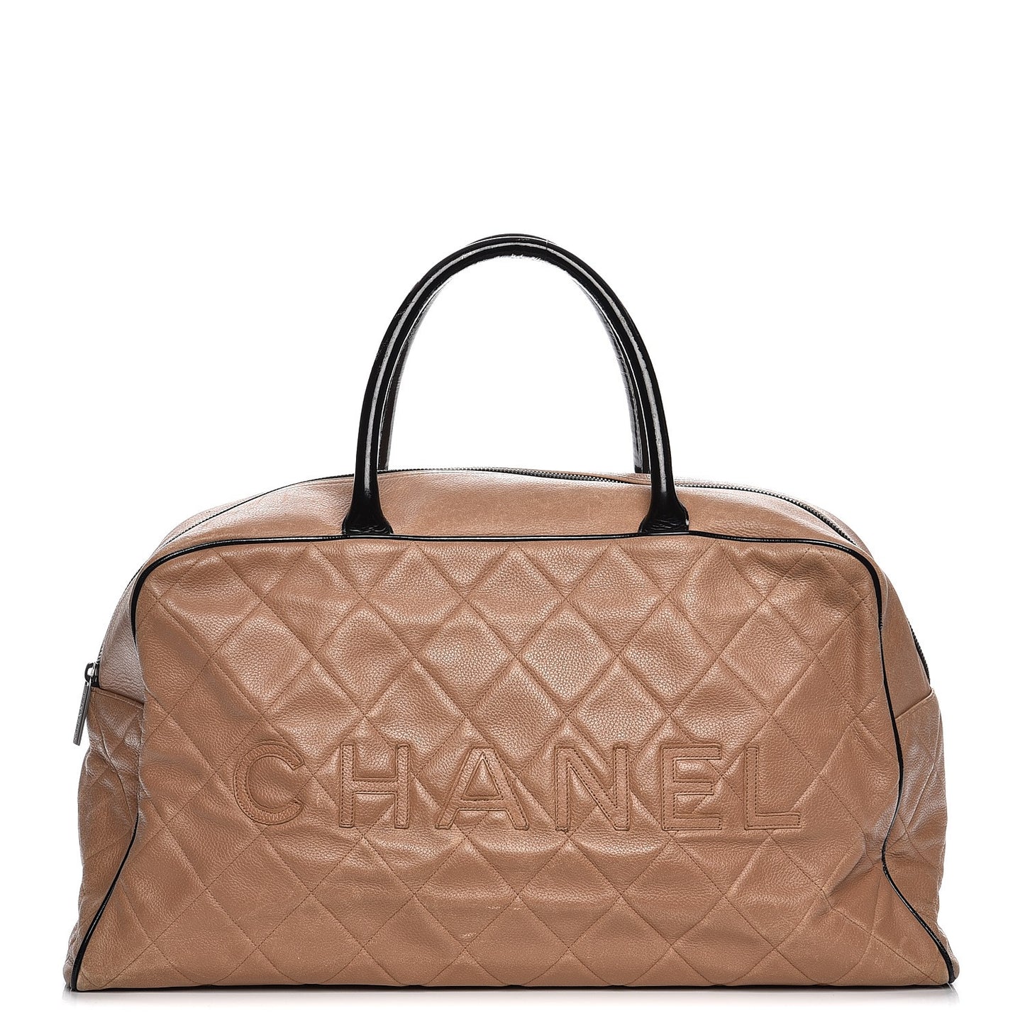 Caviar Patent Quilted Large Bowler Bag Beige Black
