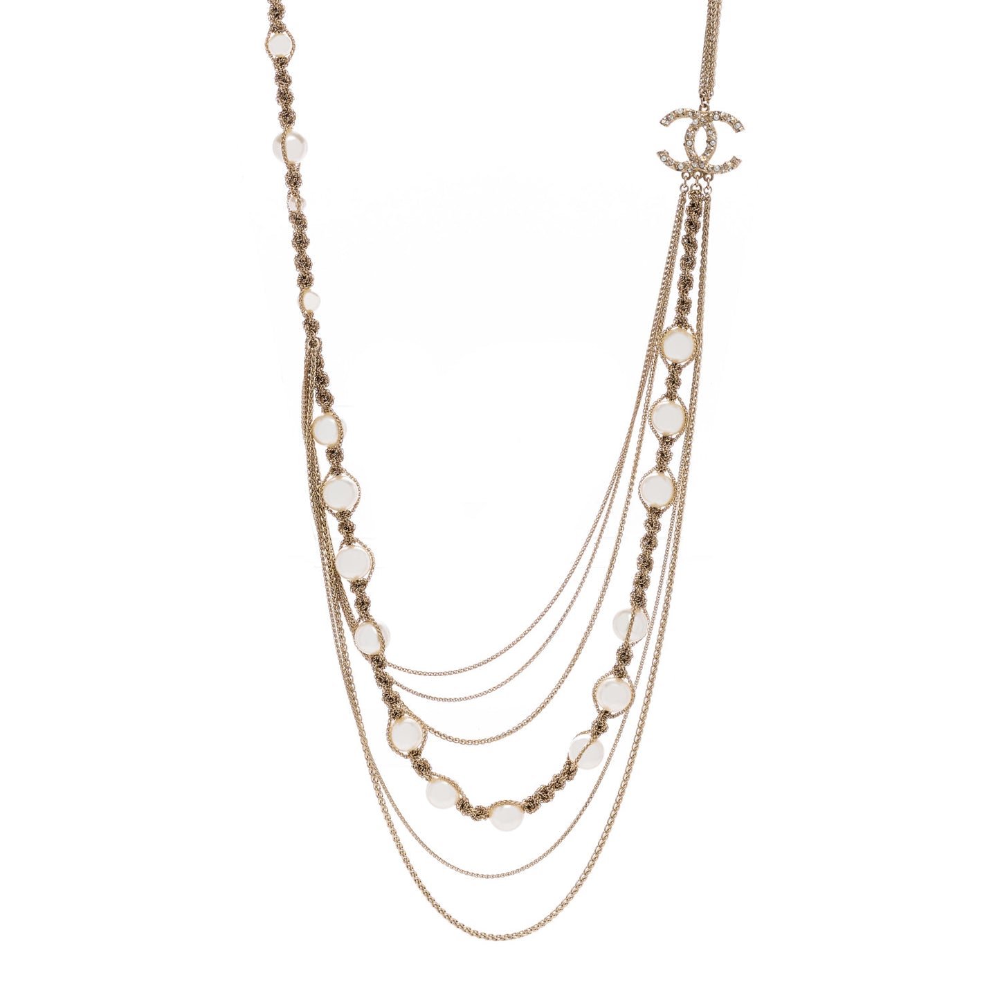 Pearl Chain CC Long Multistrand Necklace Gold