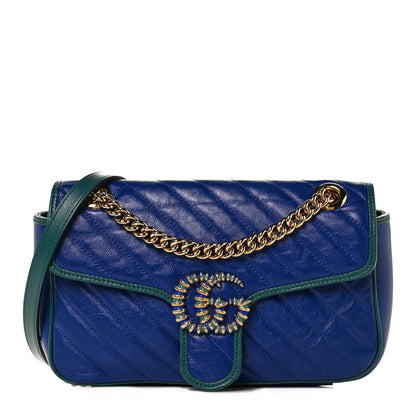 Gucci Azalea Calfskin Enamel Matelasse Diagonal Small Torchon GG Marmont Shoulder Bag Imperial Blue Pavone 1 of 10