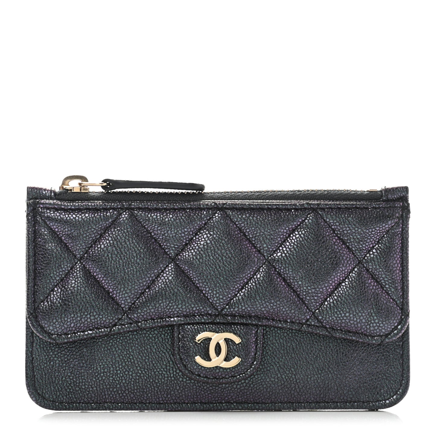 Iridescent Caviar Quilted Flap Zip Card Holder Black