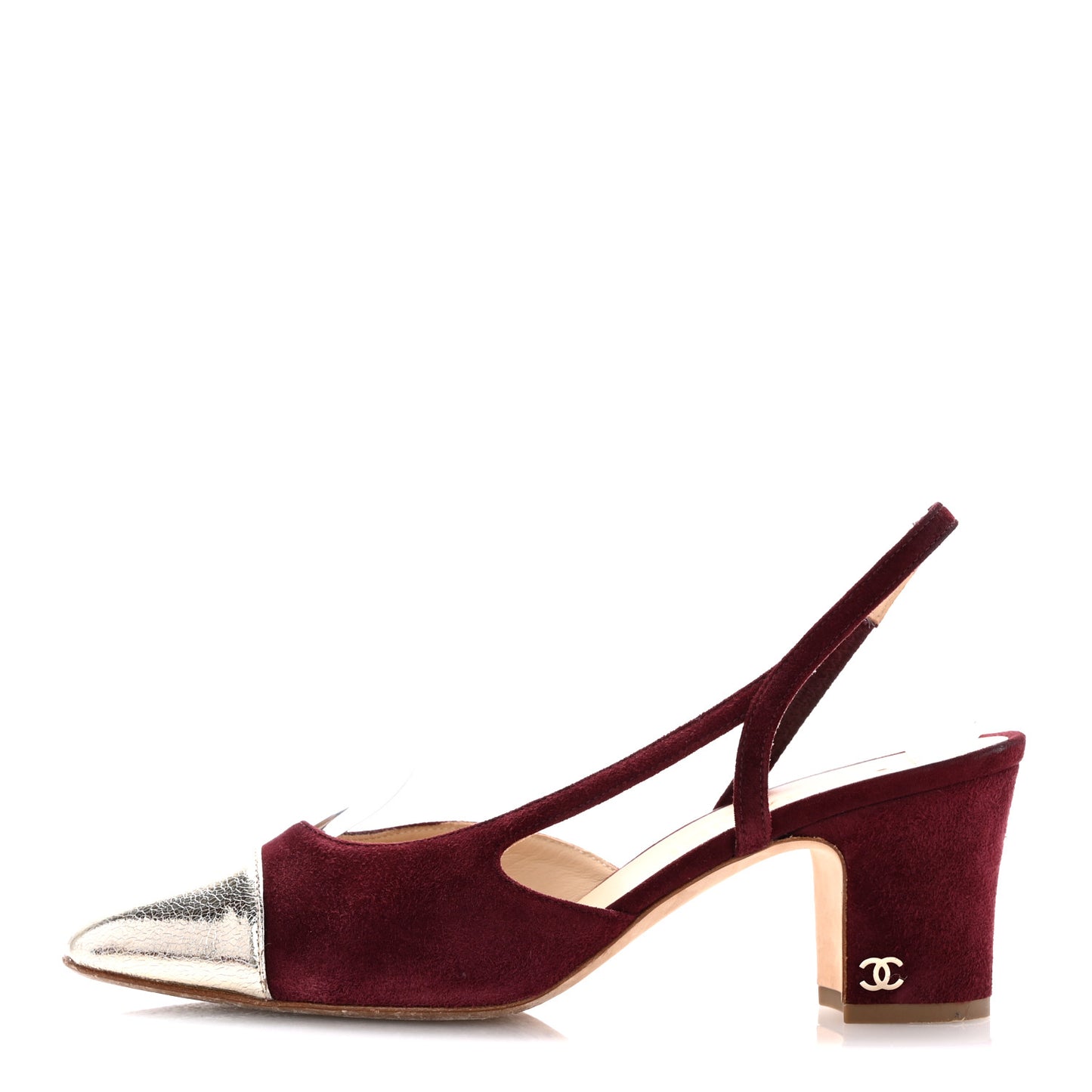 Kid Suede Metallic Lambskin Cap Toe CC Slingback Pumps 37.5 Burgundy Gold