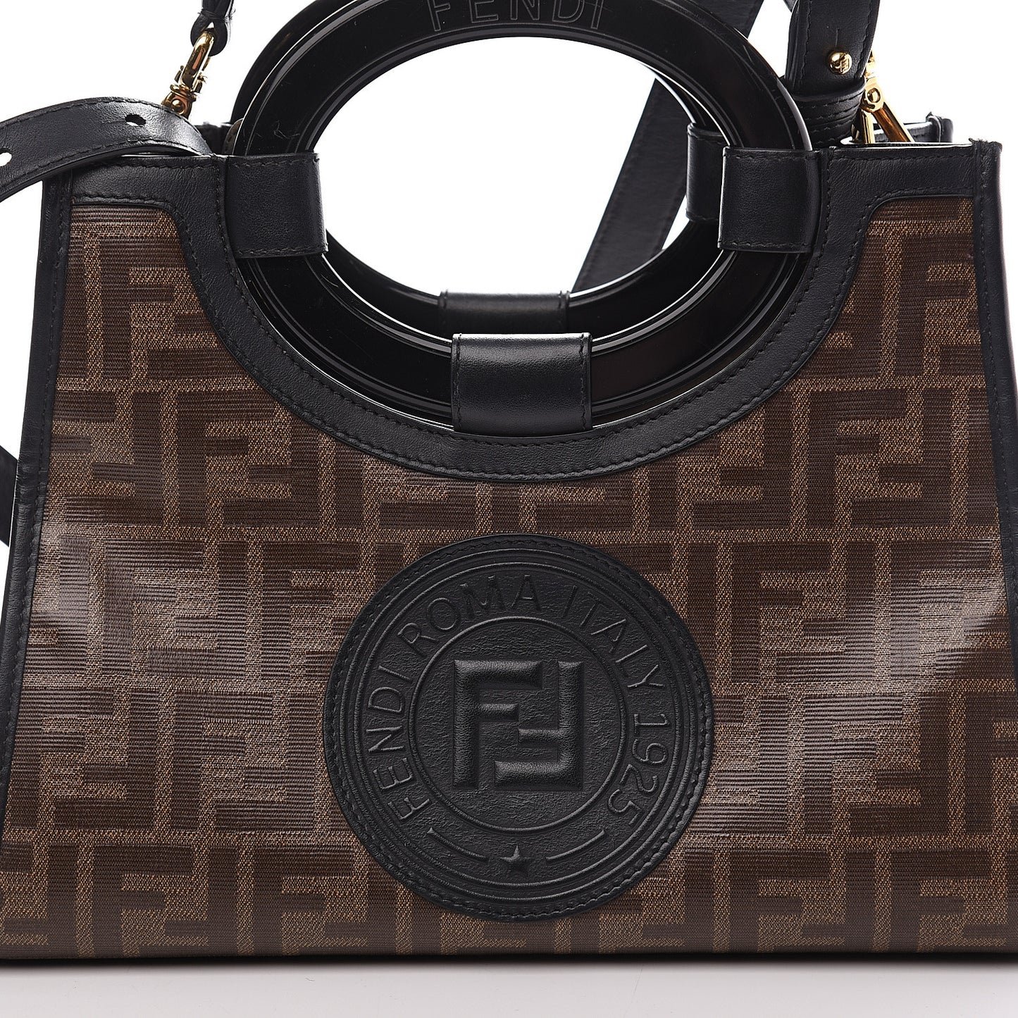 Glazed Fabric Vitello Century Plexiglass FF 1974 Stamp Patch Small Runaway Shopper Tote Mogano Panna Black