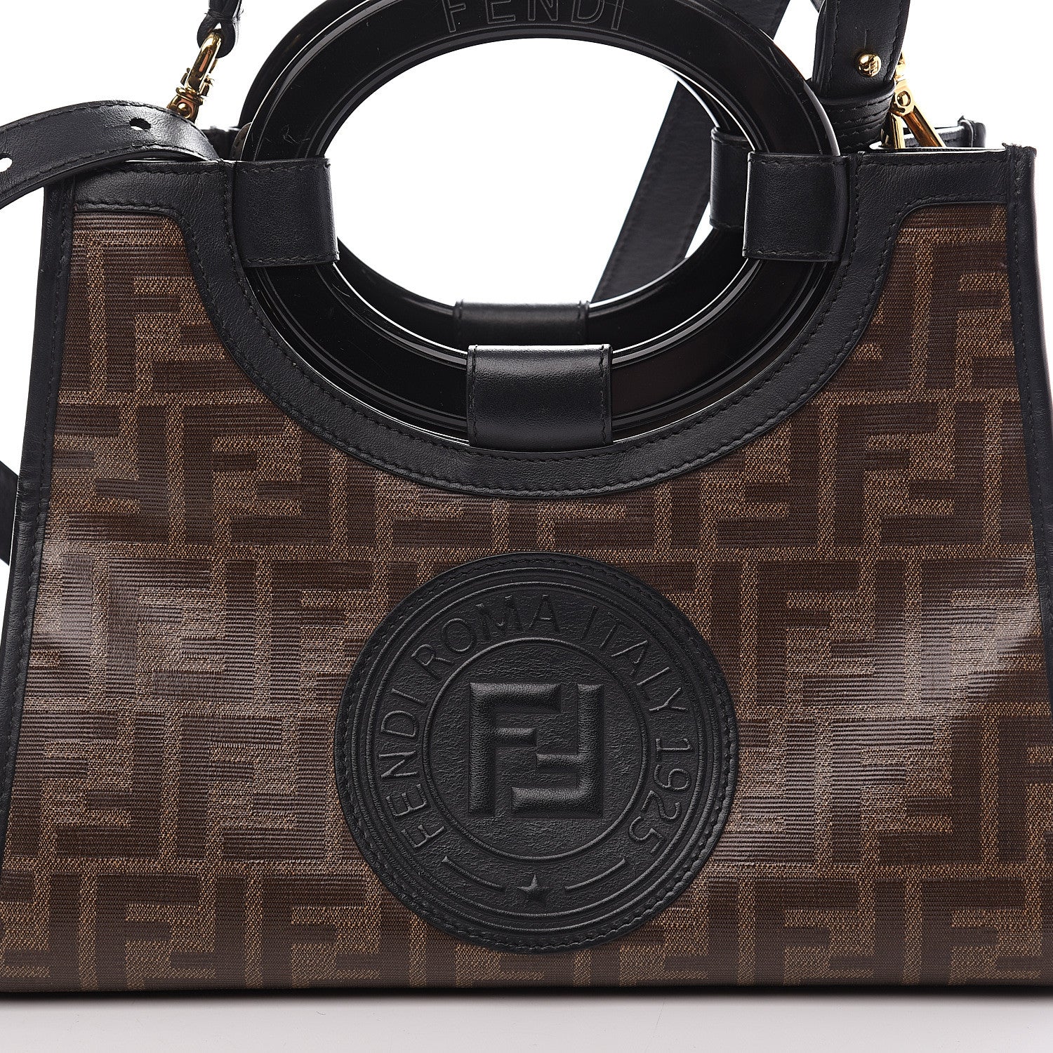 Fendi Glazed Fabric Vitello Century Plexiglass FF 1974 Stamp Patch Small Runaway Shopper Tote Mogano Panna Black 9 of 10