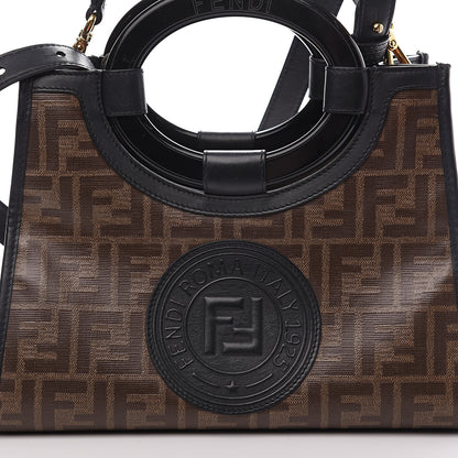 Fendi Glazed Fabric Vitello Century Plexiglass FF 1974 Stamp Patch Small Runaway Shopper Tote Mogano Panna Black 9 of 10