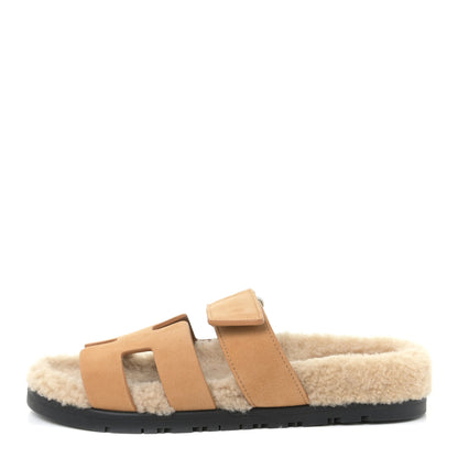 Hermes Suede Goatskin Woolskin Womens Chypre Sandals 35 Golden Beige 1 of 6