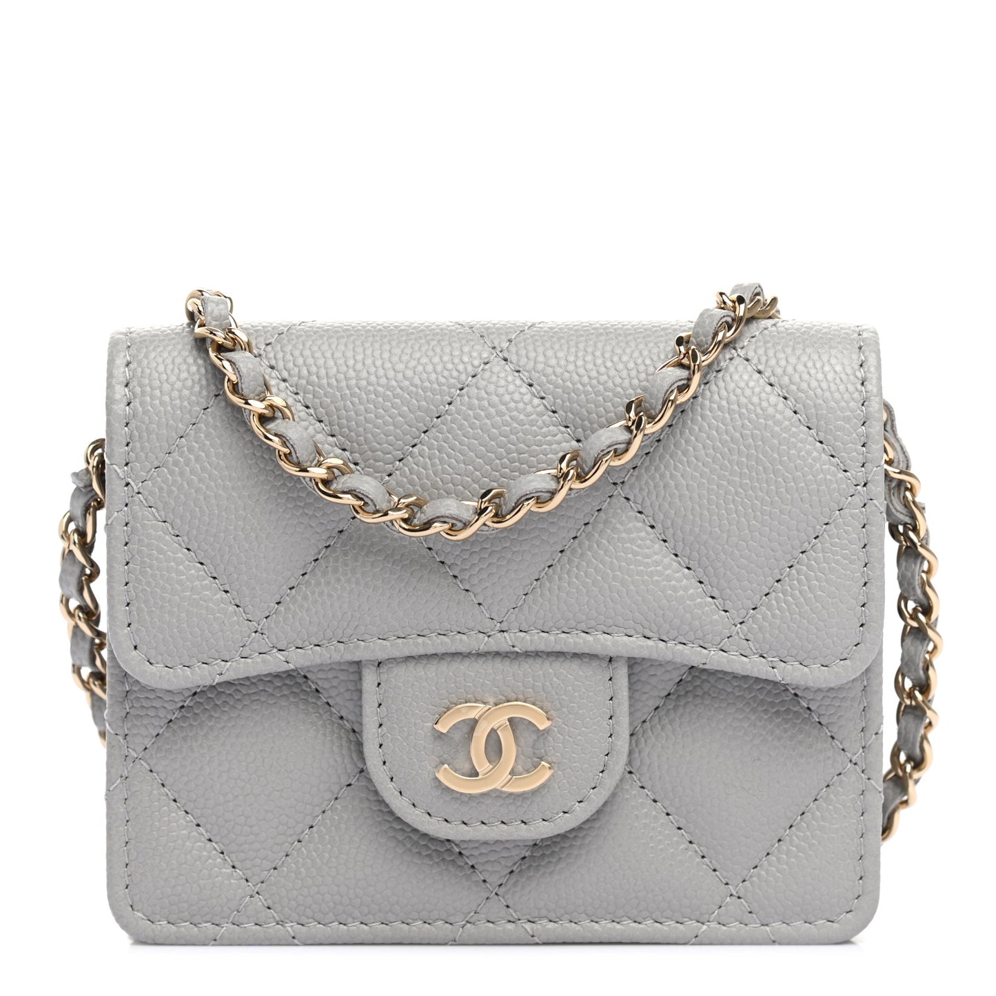 Caviar Quilted Flap Card Holder On Chain Grey