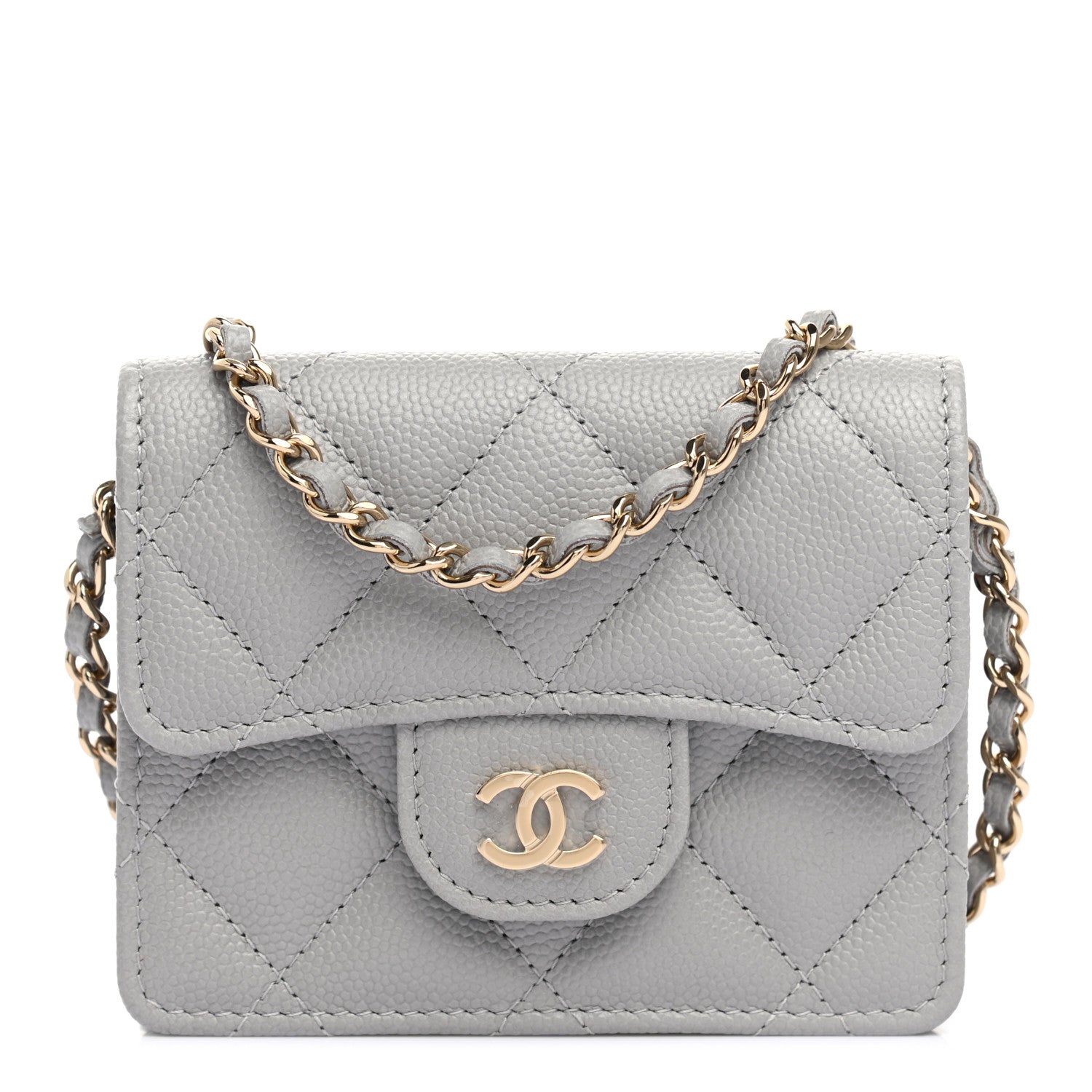Chanel Caviar Quilted Flap Card Holder On Chain Grey 1 of 8