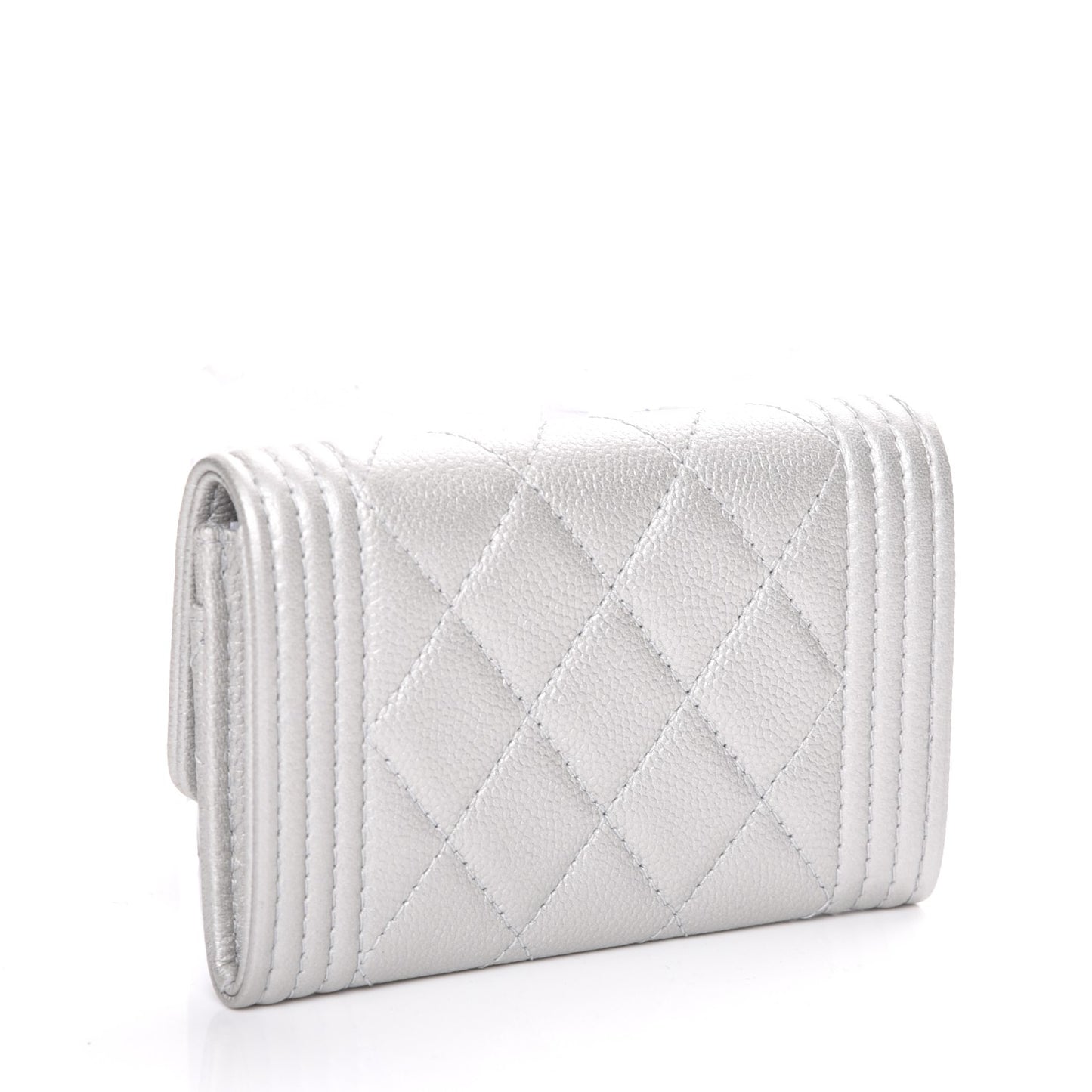 Metallic Caviar Quilted Boy Card Holder Wallet Silver