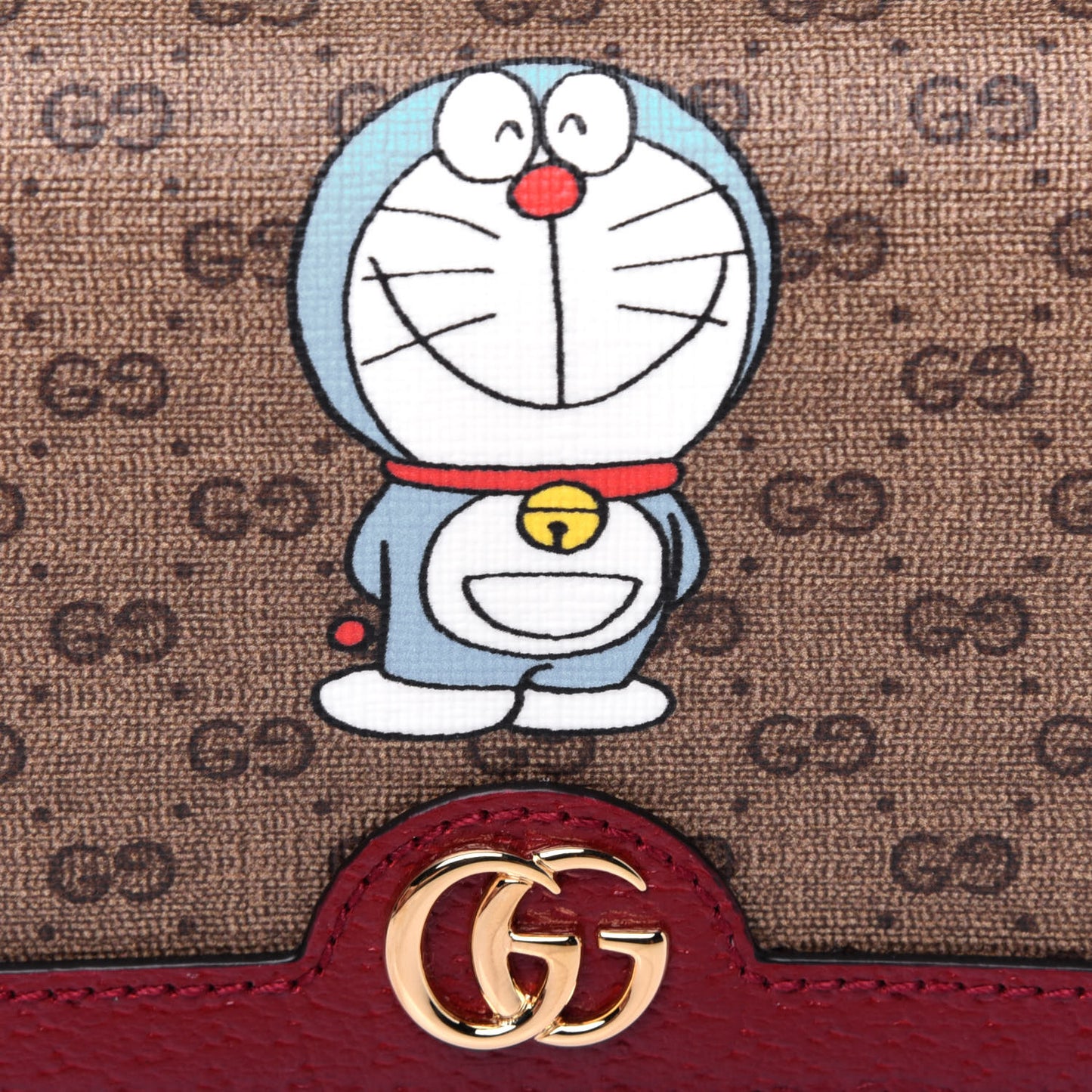 X DORAEMON Mini Vintage GG Supreme Monogram Card Case Wallet Beige Cherry Red