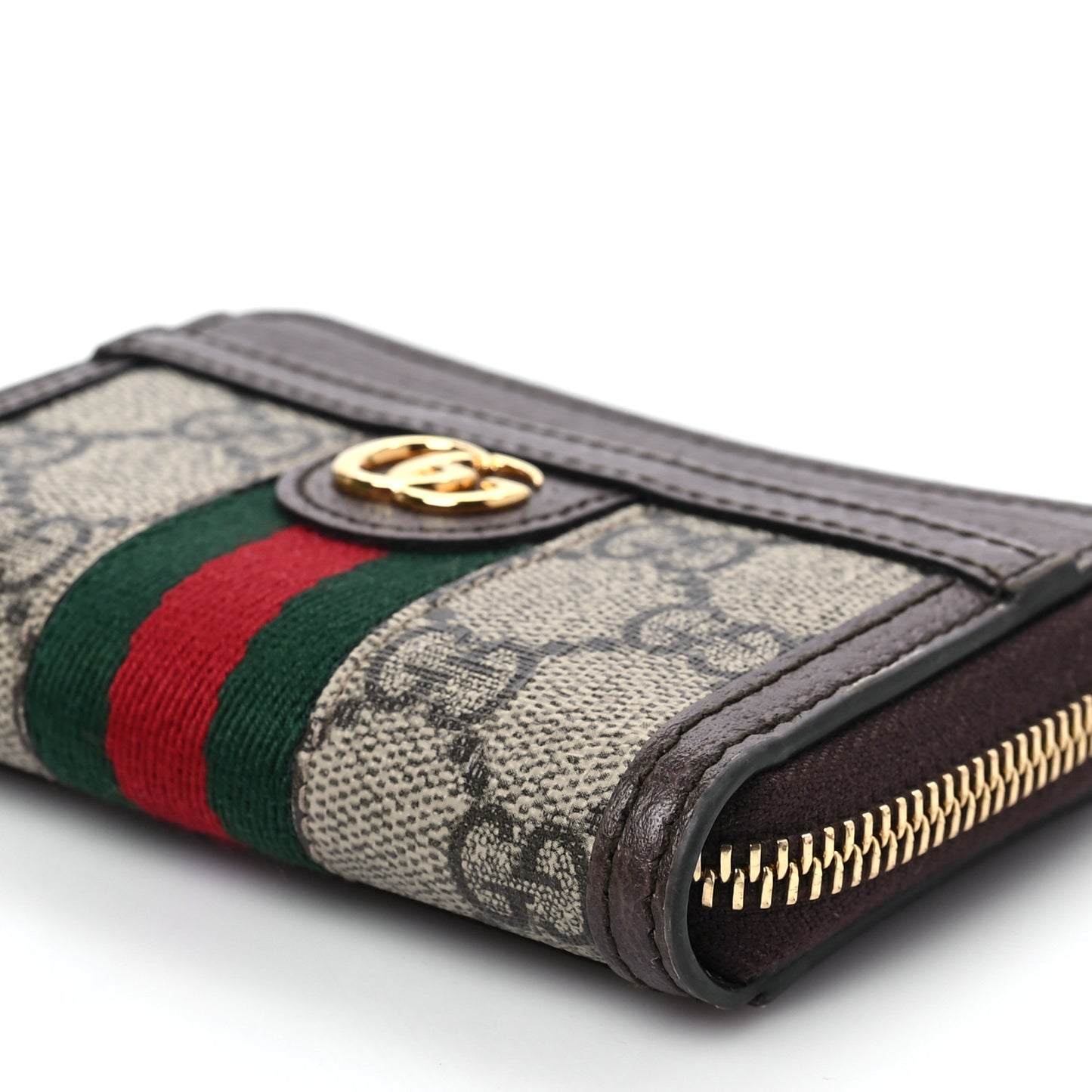 GG Supreme Monogram Textured Dollar Calfskin Web Ophidia Zip Around Card Case Wallet Beige Ebony New Acero