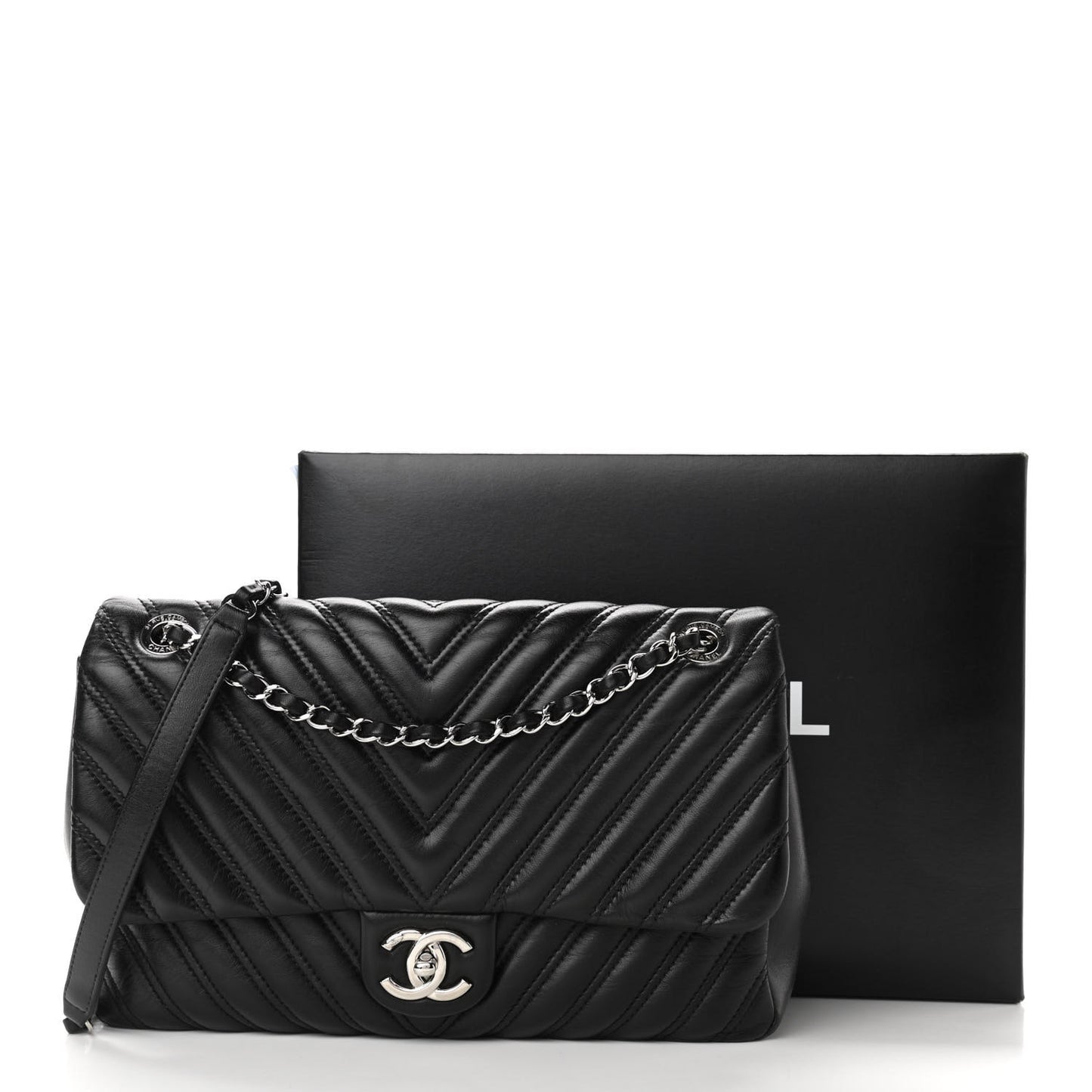 Lambskin Chevron Quilted Double Stitch Jumbo Single Flap Black