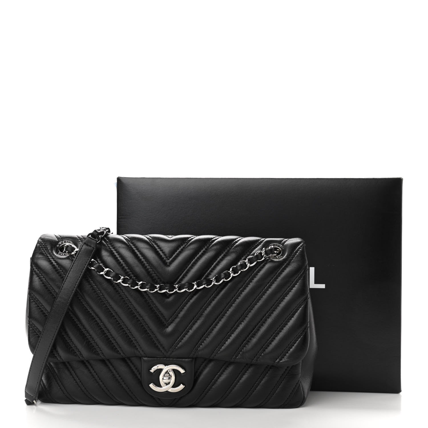 Chanel Lambskin Chevron Quilted Double Stitch Jumbo Single Flap Black 11 of 11
