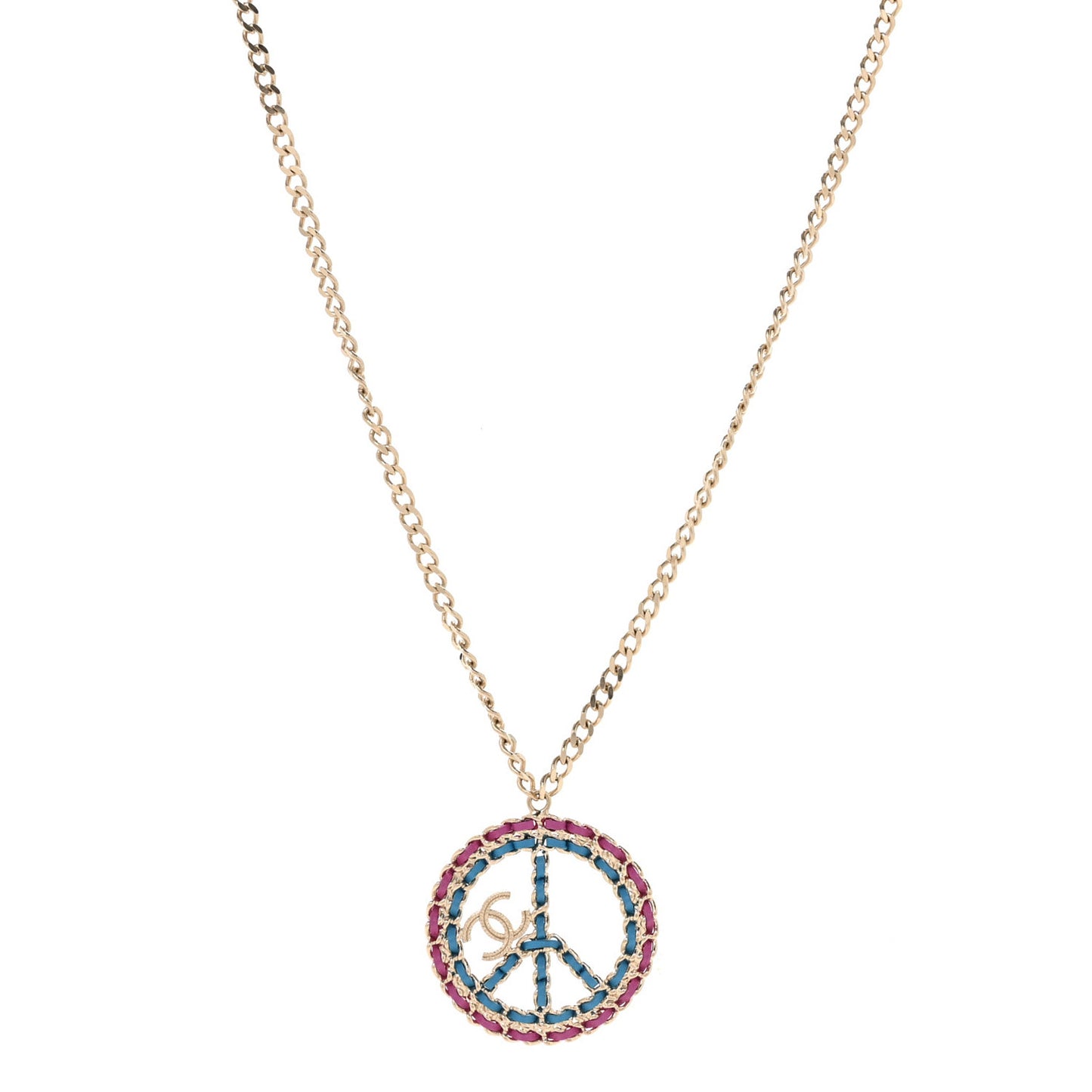 Metal Calfskin Chain Peace Sign CC Necklace Blue Purple Gold