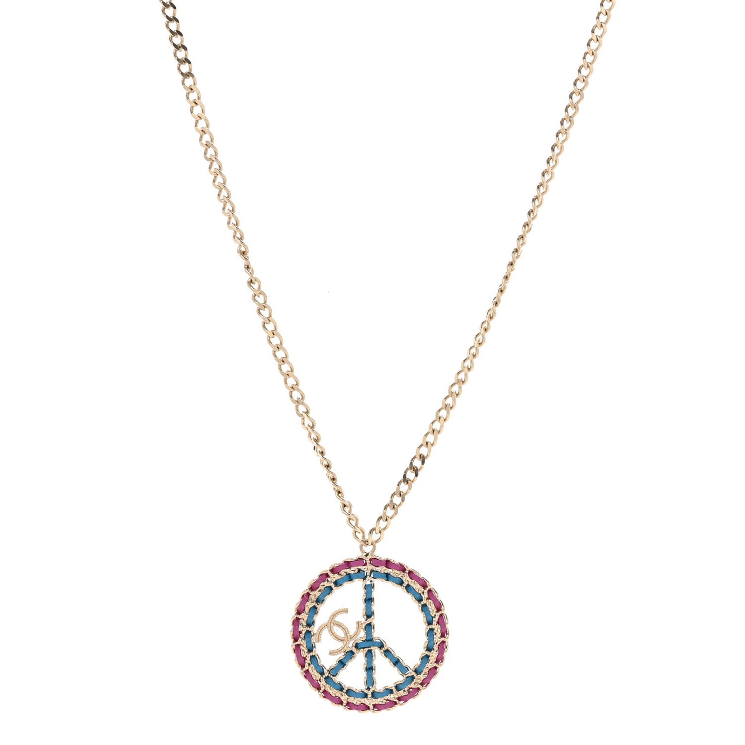 Chanel Metal Calfskin Chain Peace Sign CC Necklace Blue Purple Gold 1 of 7