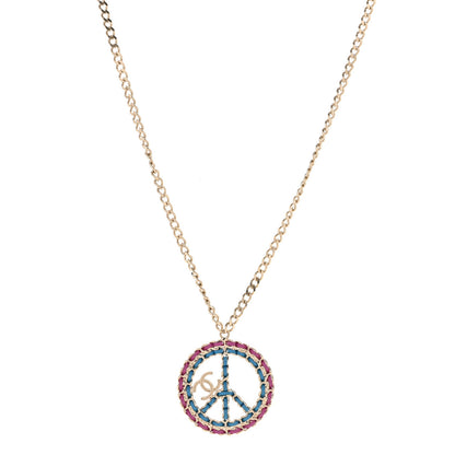 Chanel Metal Calfskin Chain Peace Sign CC Necklace Blue Purple Gold 1 of 7