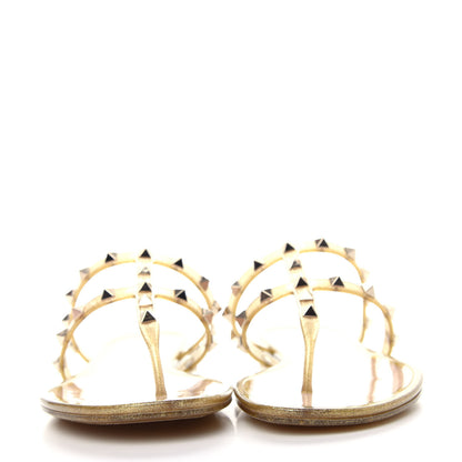 Valentino Garavani PVC Jelly Glitter Rockstud Caged Flat Thong Sandals 40 Oro 2 of 10