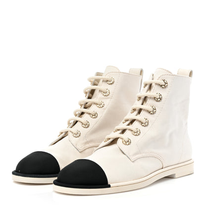 Chanel Cotton Grosgrain Cap Toe CC Lace Up Boots 39 White Black 3 of 10