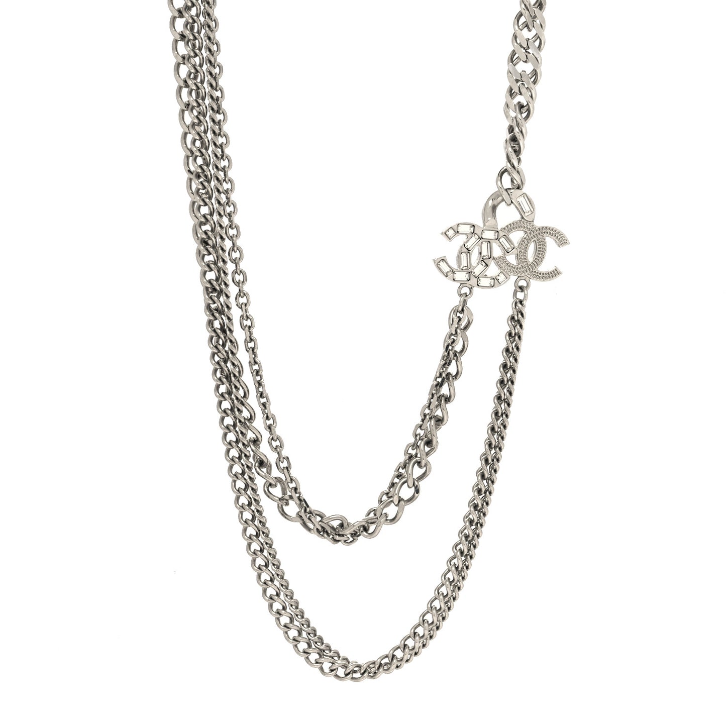 Metal Multi Chain Crystal Baguette CC Necklace Silver