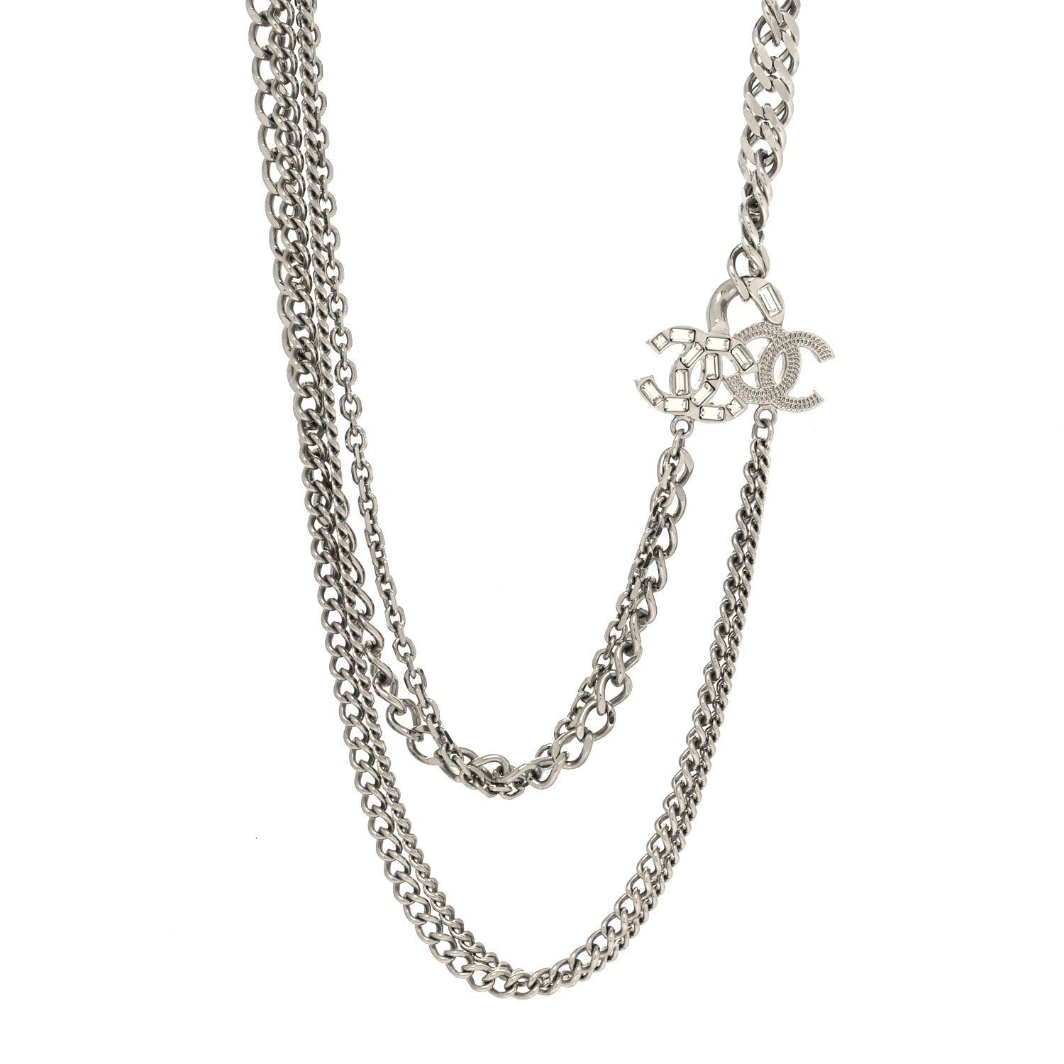 Chanel Metal Multi Chain Crystal Baguette CC Necklace Silver 1 of 5