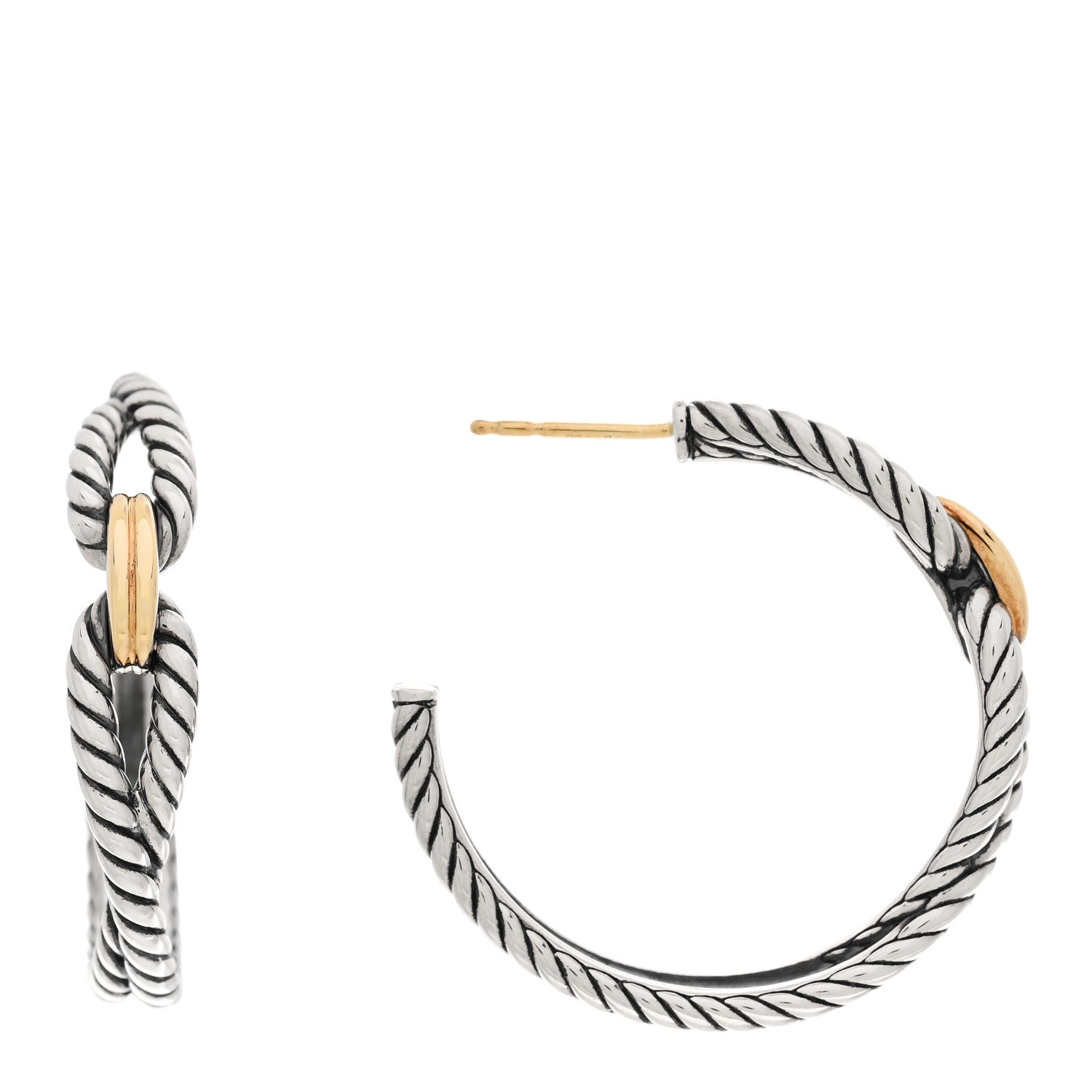 David Yurman Sterling Silver 18K Yellow Gold Cable Loop Hoop Earrings 1 of 4