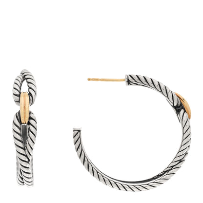 David Yurman Sterling Silver 18K Yellow Gold Cable Loop Hoop Earrings 1 of 4