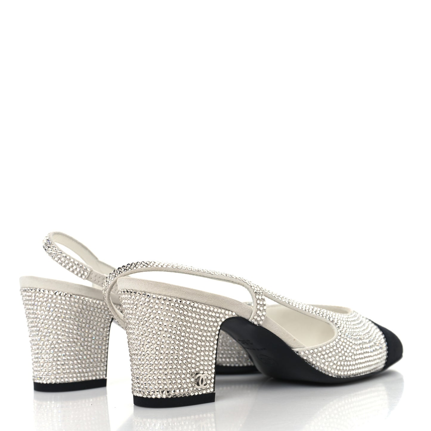 Strass Grosgrain Cap Toe CC Slingback Pumps 36 Silver Black