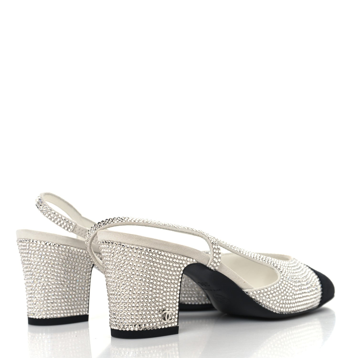Chanel Strass Grosgrain Cap Toe CC Slingback Pumps 36 Silver Black 5 of 9