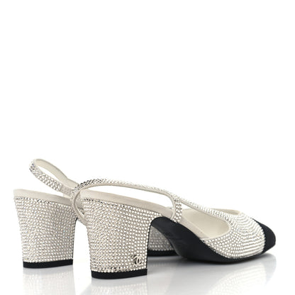 Chanel Strass Grosgrain Cap Toe CC Slingback Pumps 36 Silver Black 5 of 9