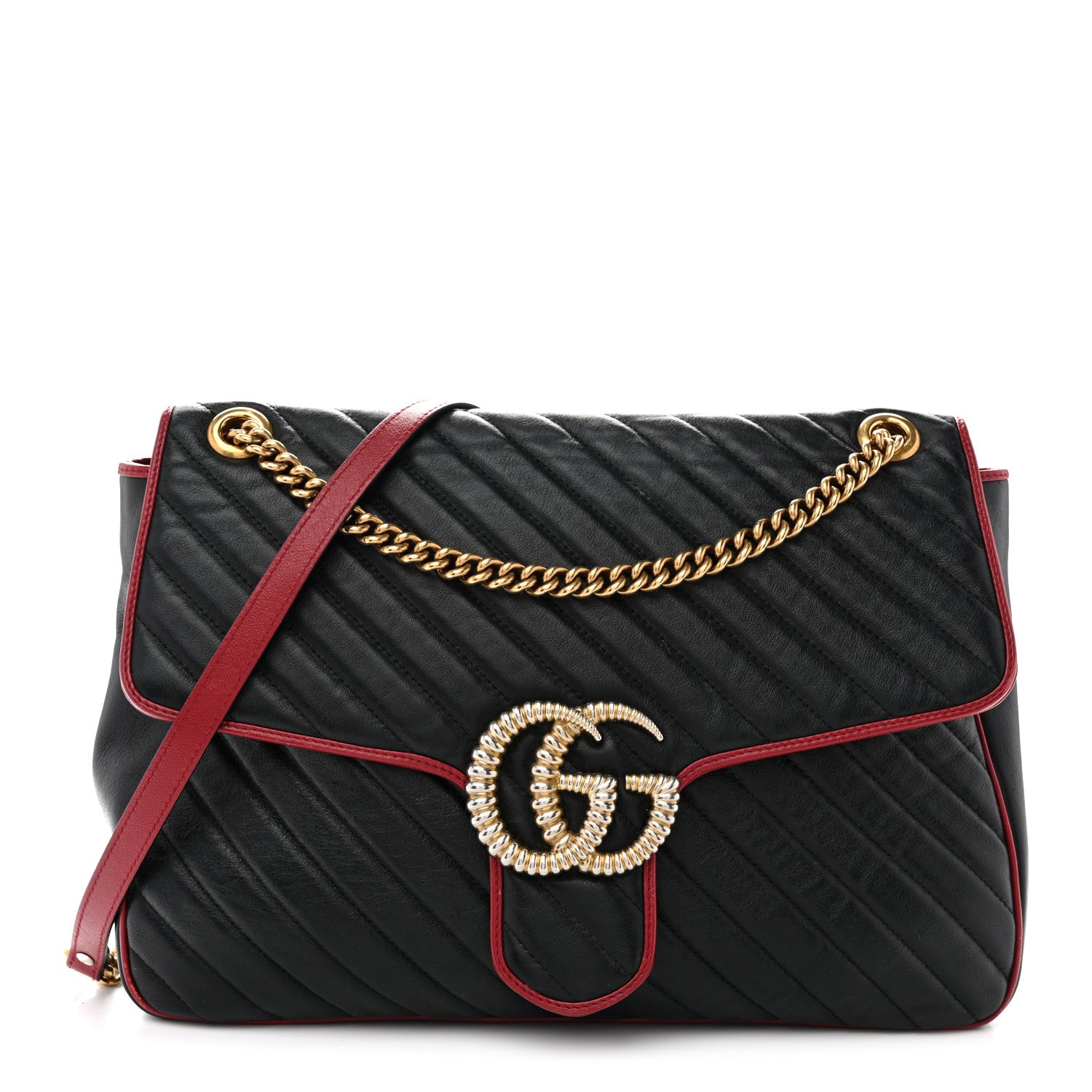 Gucci Vintage Effect Calfskin Matelasse Diagonal Large Torchon GG Marmont Shoulder Bag Black Romantic Cherry 1 of 13
