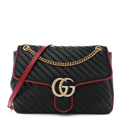 Gucci Vintage Effect Calfskin Matelasse Diagonal Large Torchon GG Marmont Shoulder Bag Black Romantic Cherry 1 of 13