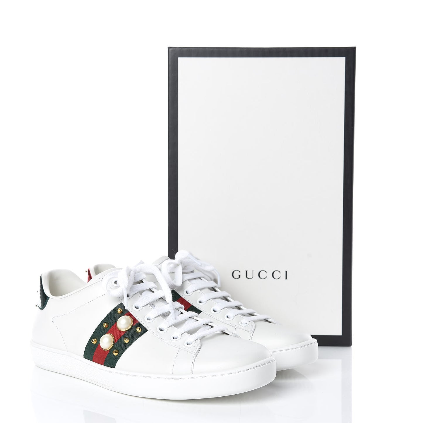 Calfskin Web Pearl Studded Womens Ace Sneakers 38 White