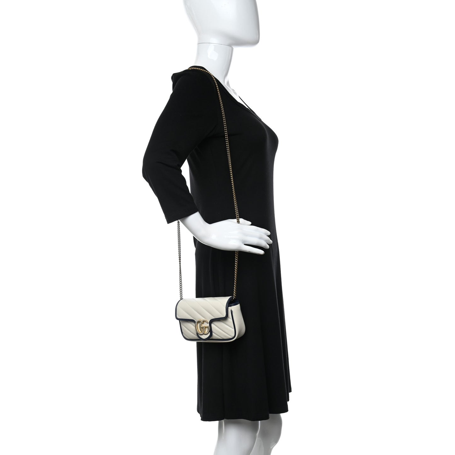 Vintage Effect Calfskin Matelasse Diagonal Super Mini Torchon GG Marmont Shoulder Bag Mystic White Blue Agata