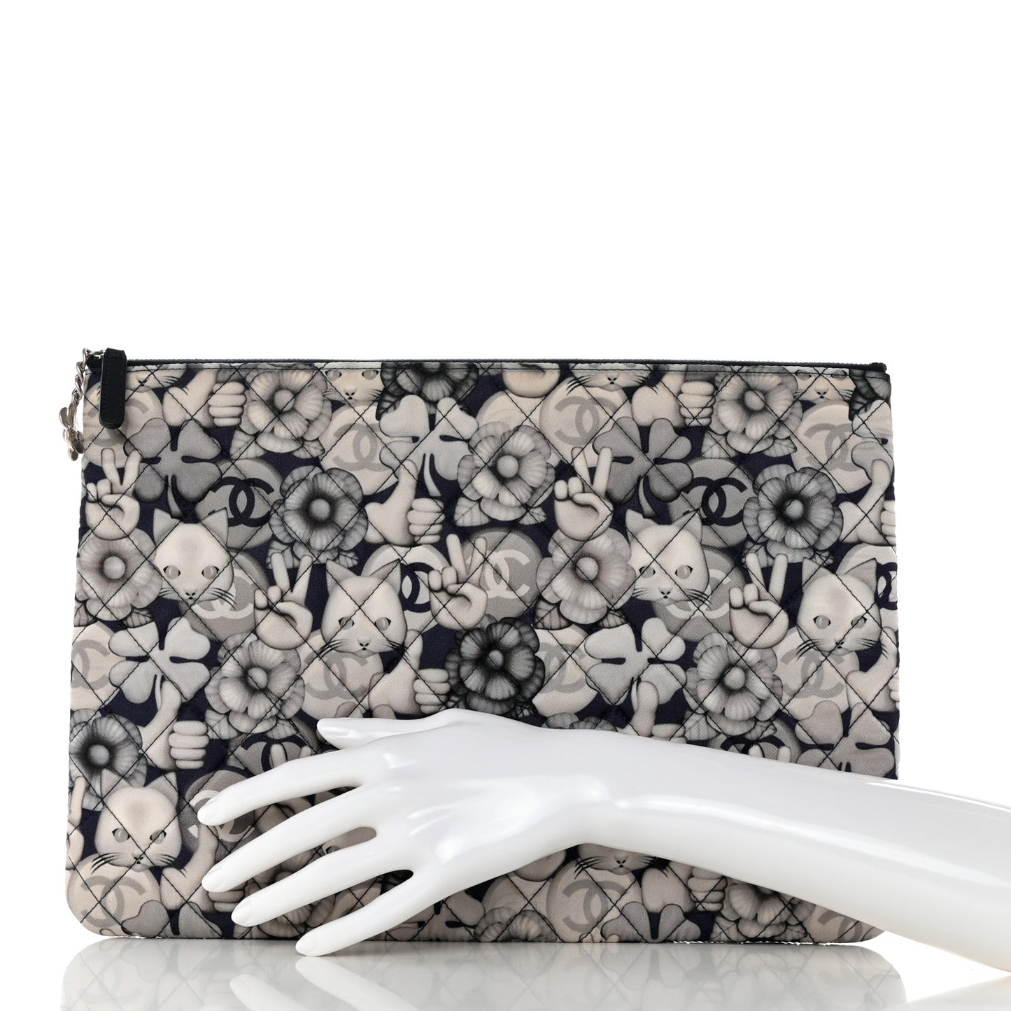 Nylon Quilted Large Cat Emoticon Cosmetic Case Navy Grey Ecru