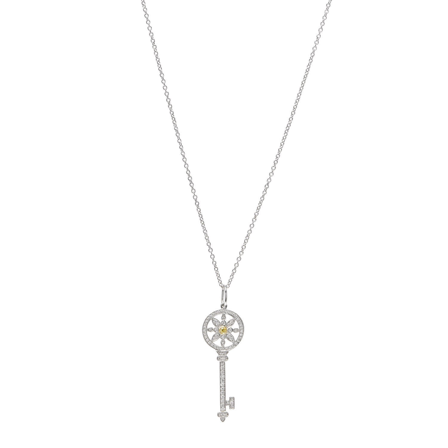 Tiffany Platinum 18K Yellow Gold Yellow Diamond Daisy Key Pendant Necklace 1 of 6