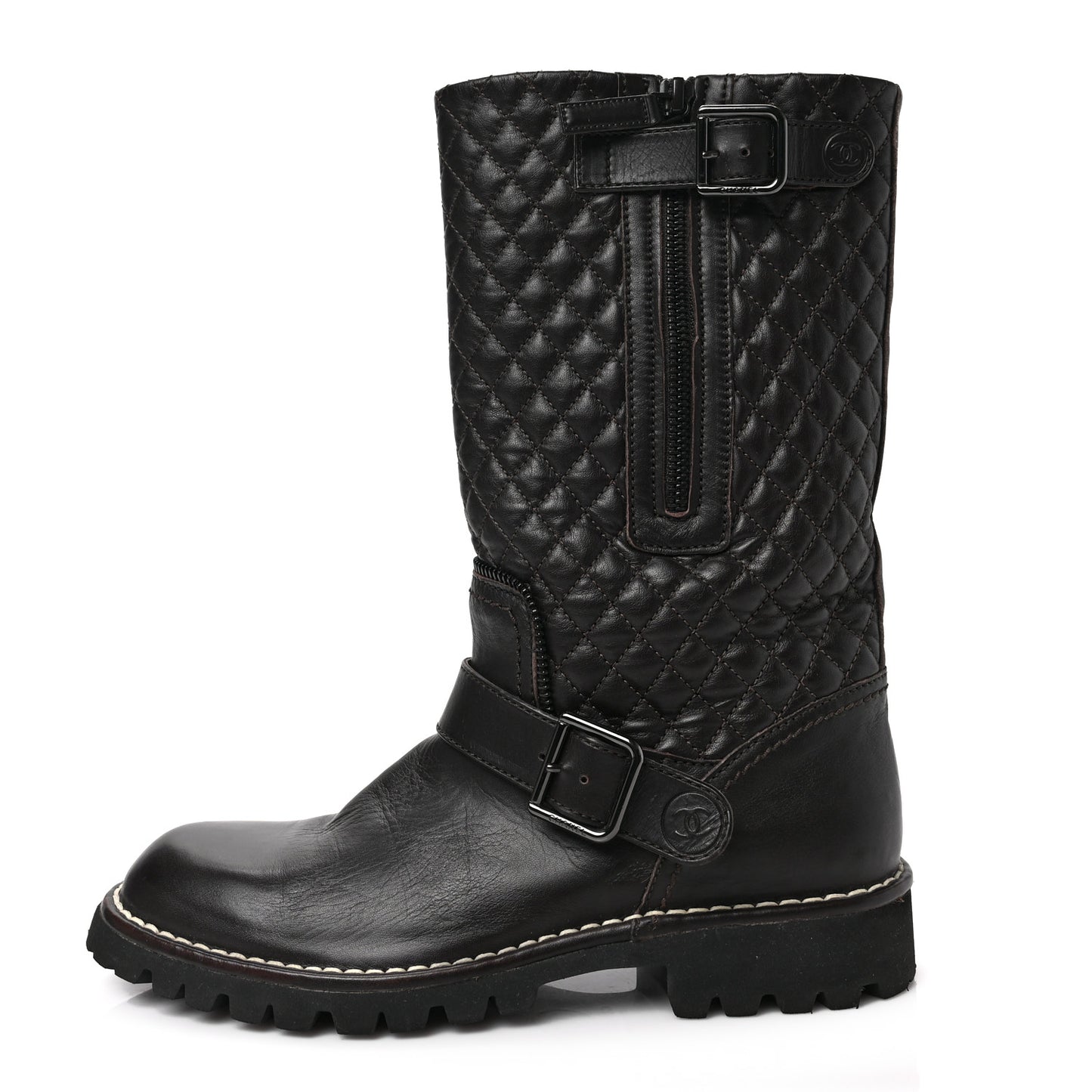 Calfskin Quilted Biker Boots 37.5 Brown