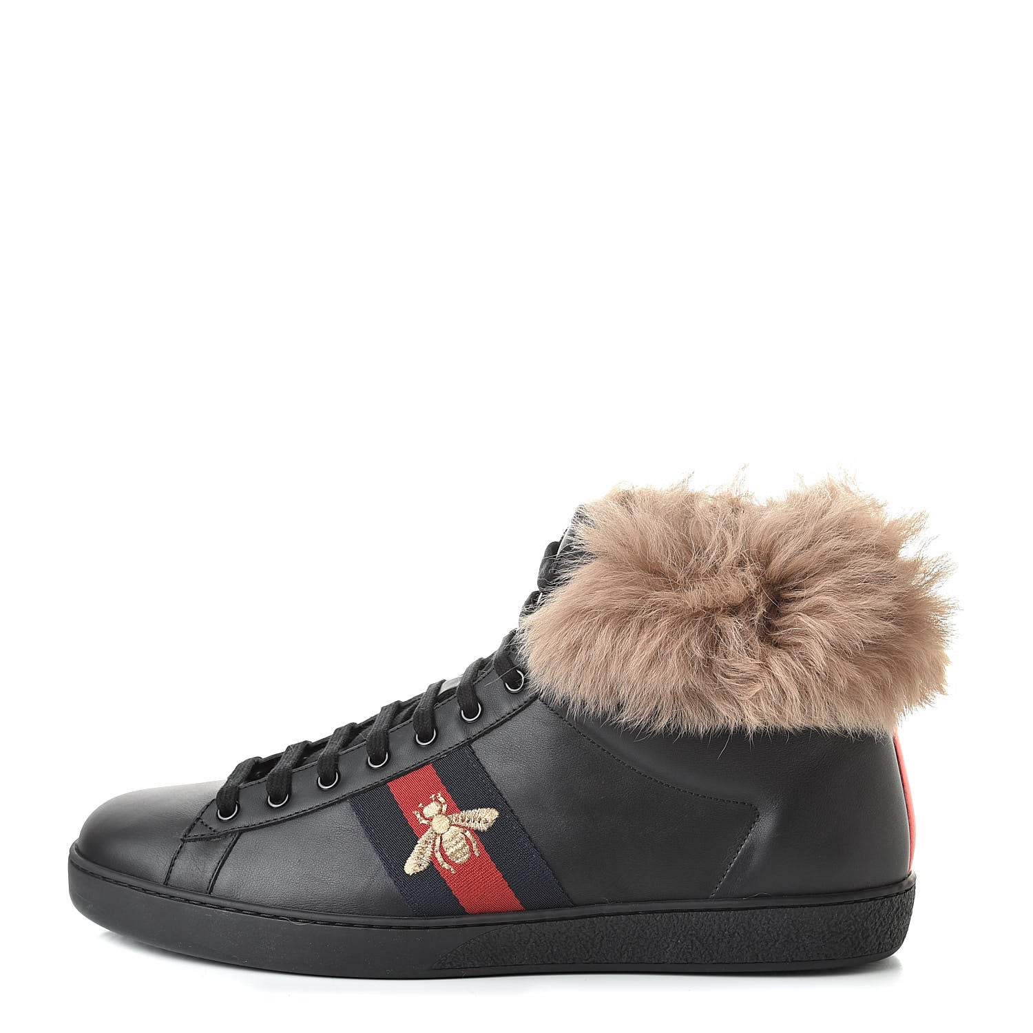 Gucci Calfskin Wool Web Bee Embroidered Mens Ace High Top Sneakers 12.5 Black 1 of 9