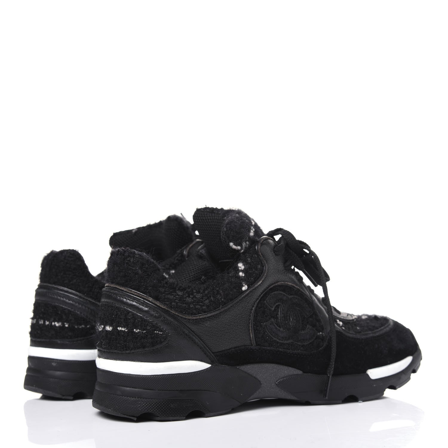 Chanel Tweed Suede Goatskin CC Sneakers 37 Black White 4 of 15