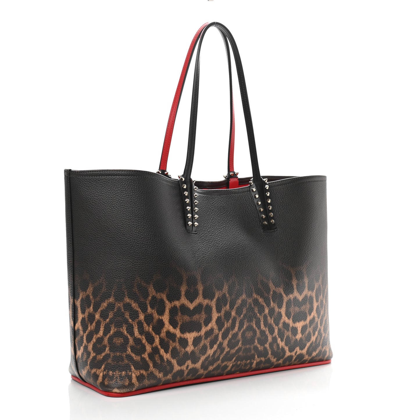 Calfskin Degrade Leopard Print Spikes East West Cabata Tote Black Multi