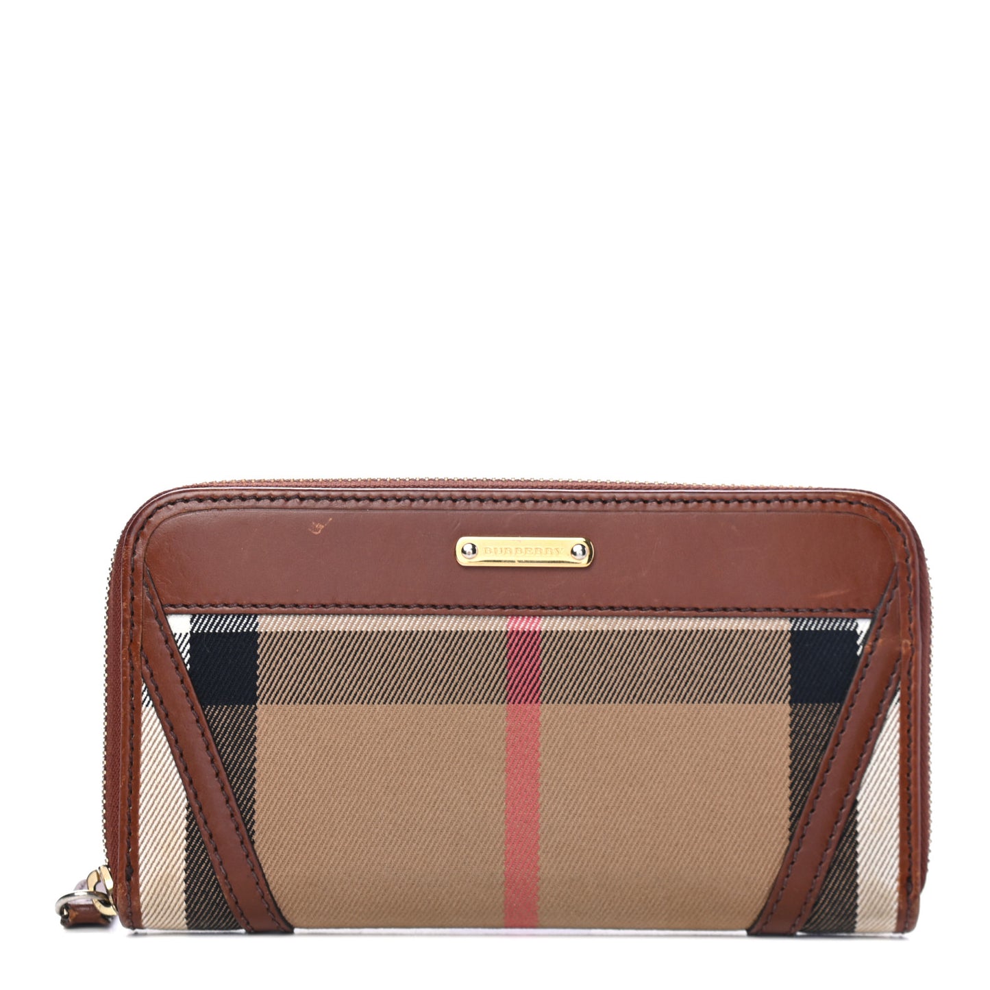 House Check Bridle Calfskin Ziggy Zip Around Wallet Dark Tan