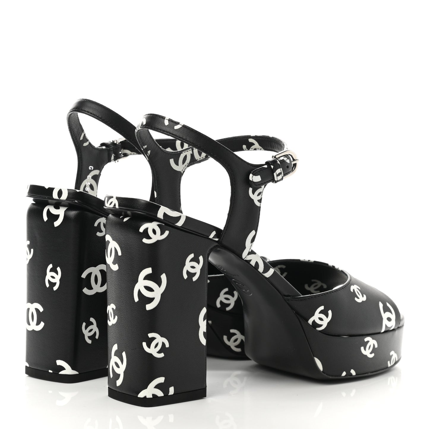 Printed Lambskin CC Platform Sandals 39 Black White