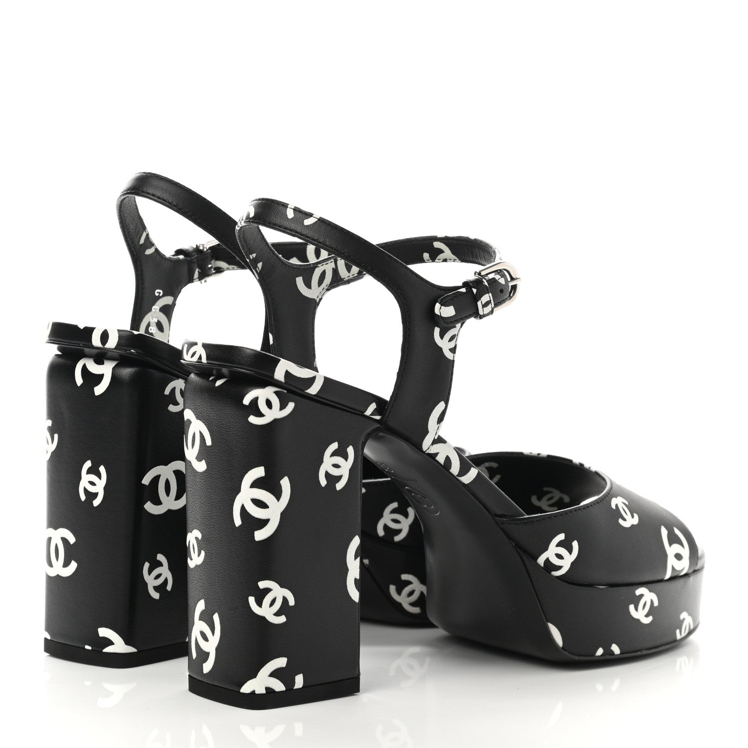 Chanel Printed Lambskin CC Platform Sandals 39 Black White 4 of 9