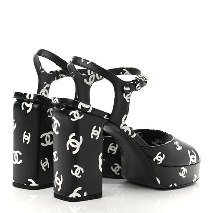 Chanel Printed Lambskin CC Platform Sandals 39 Black White 4 of 9